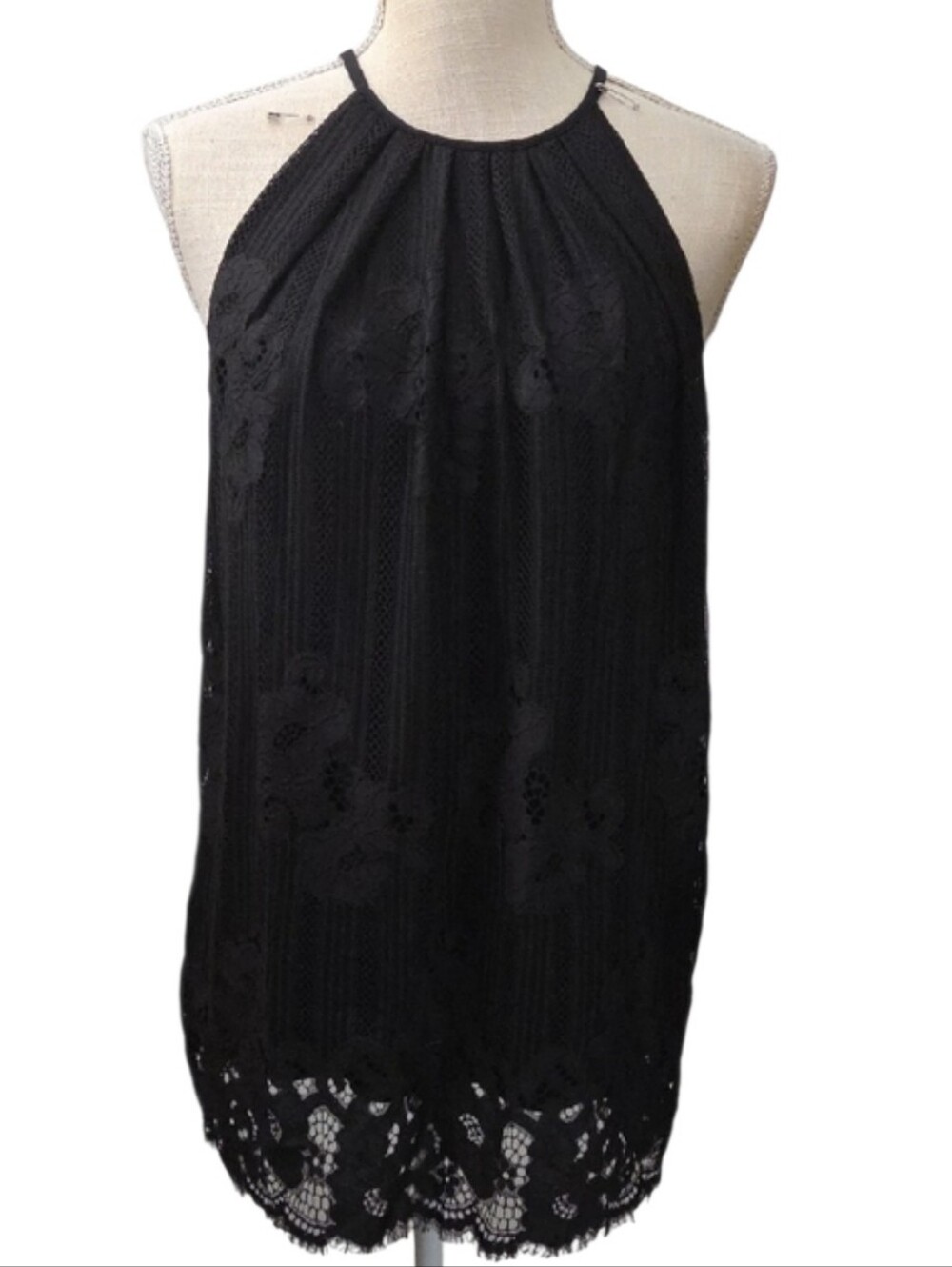 Sophie Max Black Lace Halter Top with Scalloped Lace Hem